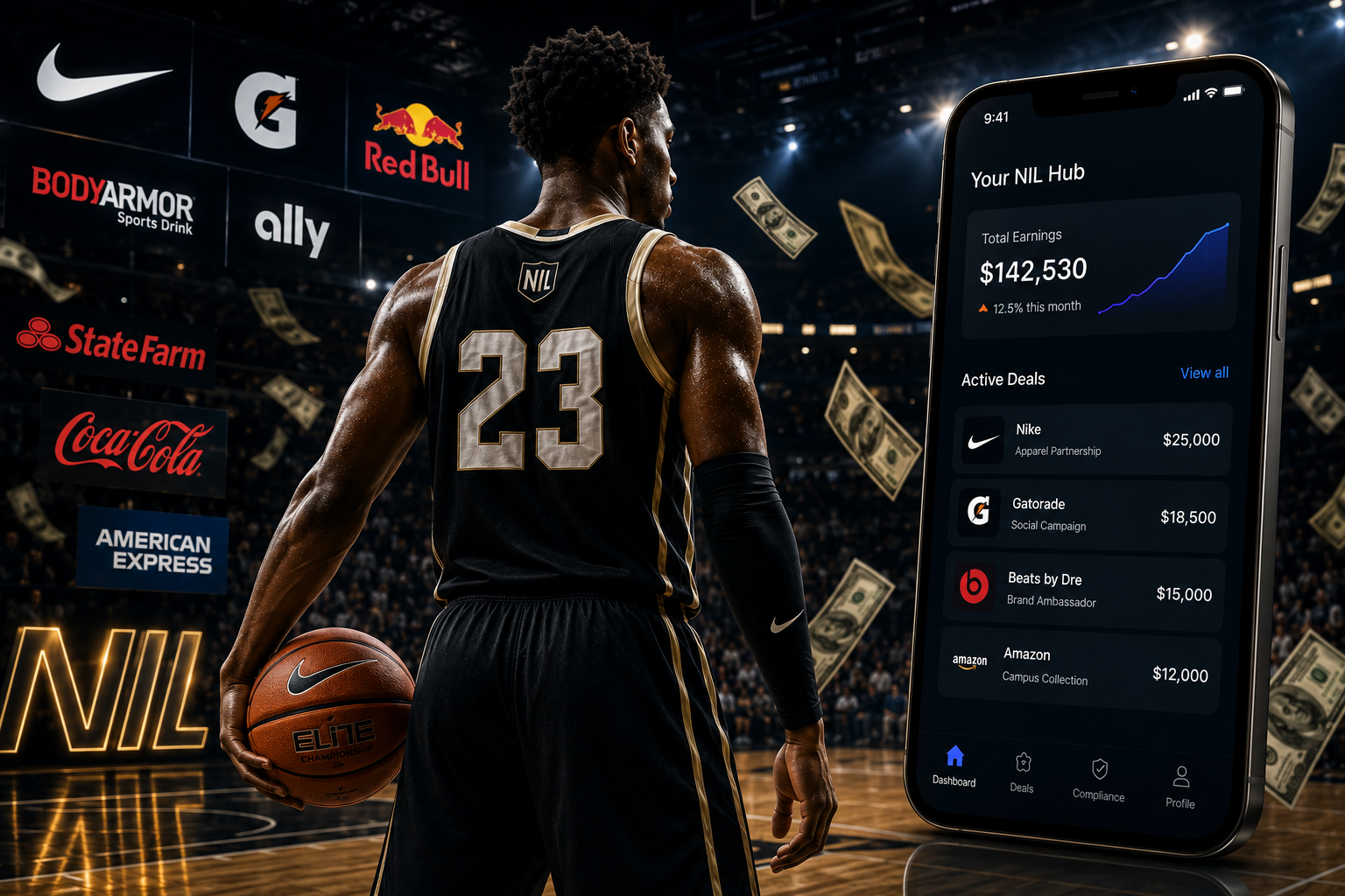 Basketball athlete with NIL deal dashboard and brand partners