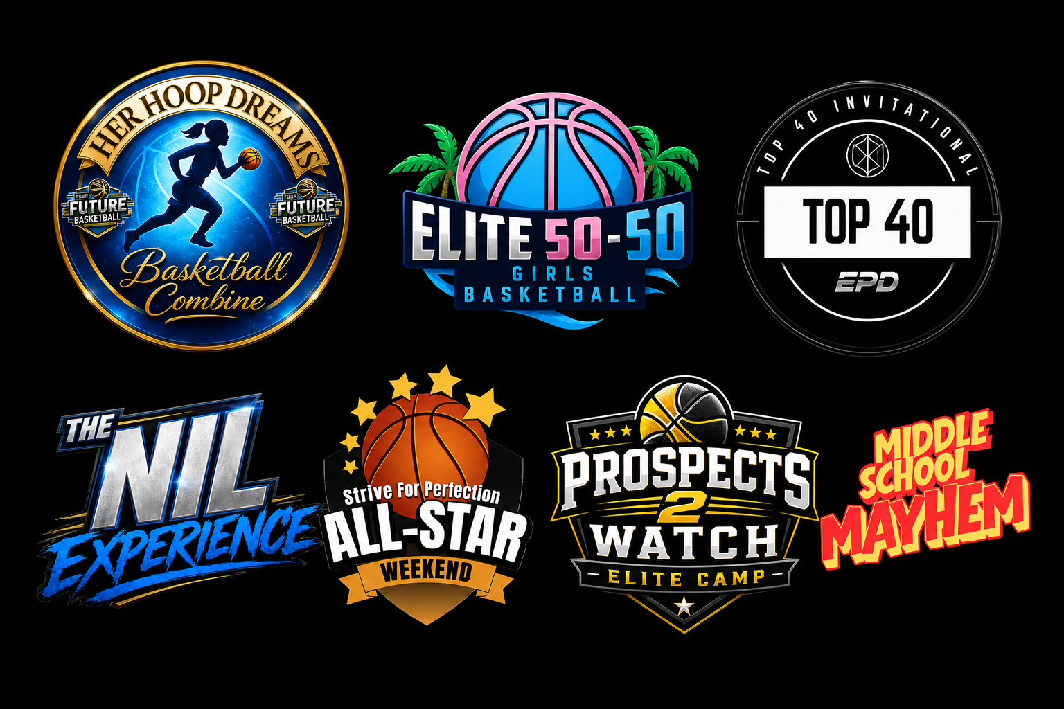 Collage of Prospect Playground event brands including Her Hoop Dreams, Elite 50-50 Girls, Top 40 Invitational, NIL Experience, All-Star Weekend, Prospects 2 Watch and Middle School Mayhem